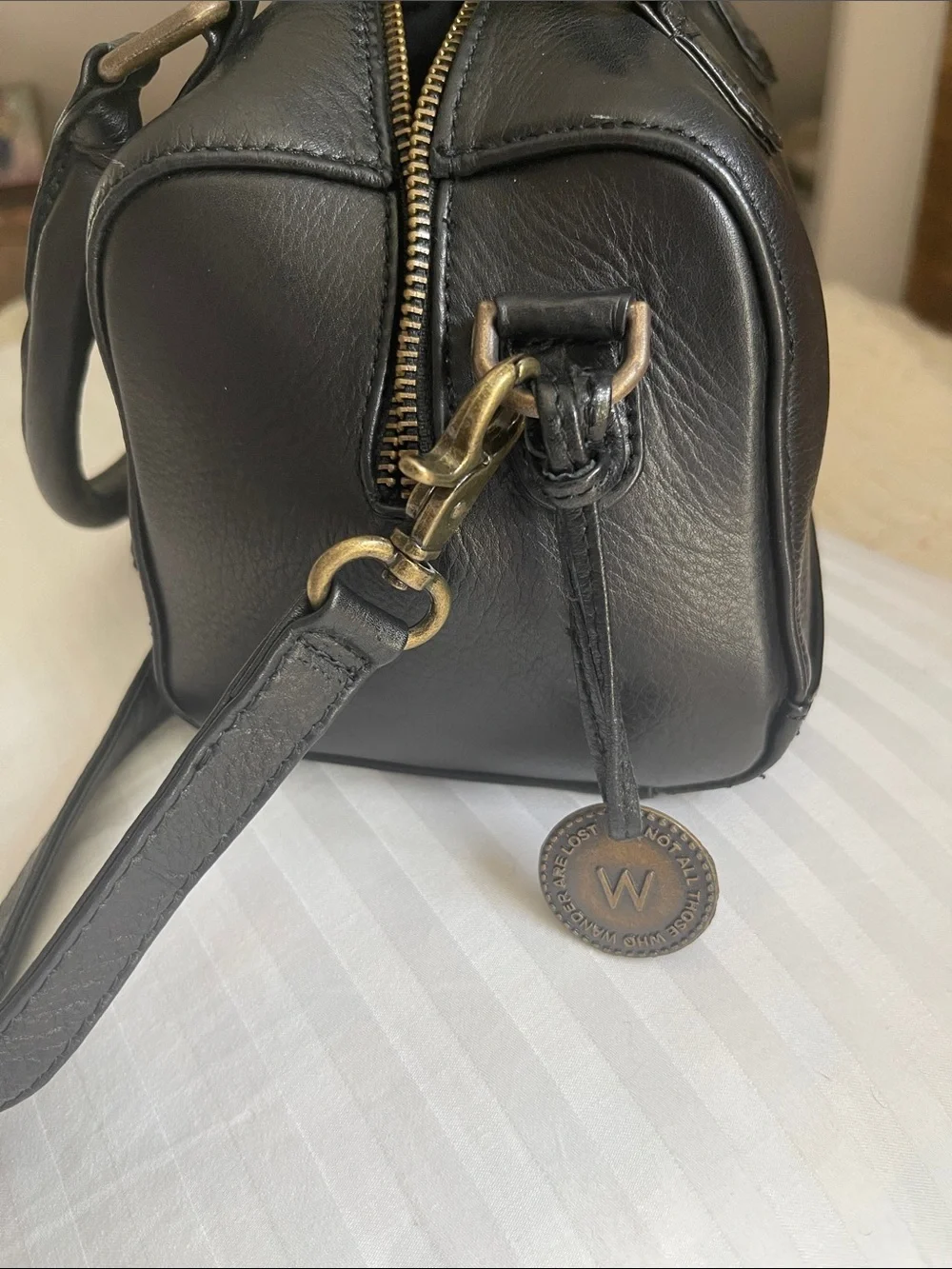 Black Leather Satchel with Top Handles and Crossbody Strap